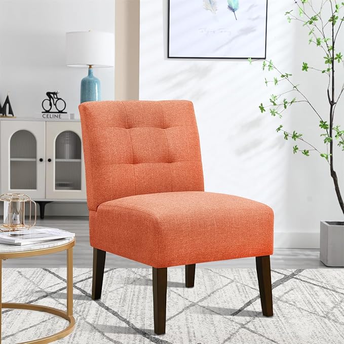 Slipper Accent Chair Modern Armless Lounge Chair with Wood Legs Upholstered Makeup Vanity Tufted Side Chair Fabric Comfy with Decor Back for Living Room Bedroom Patio (Pin Back, Orange)