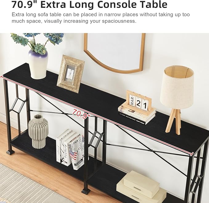 HOMISSUE Long Entryway Console Table, 70.9" Industrial Narrow Sofa Tables Behind Couch with 2 Tier Storage Shelf for Hallway, Living Room, Black