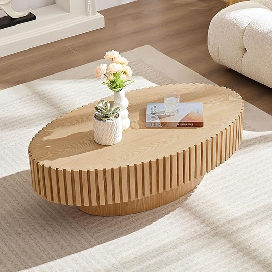 Oval Coffee Table, 43.7" Modern Coffee Table Wood Side Table Accent End Table Center Table with Sturdy Pedestal for Living Room Bedroom Apartment, Oak