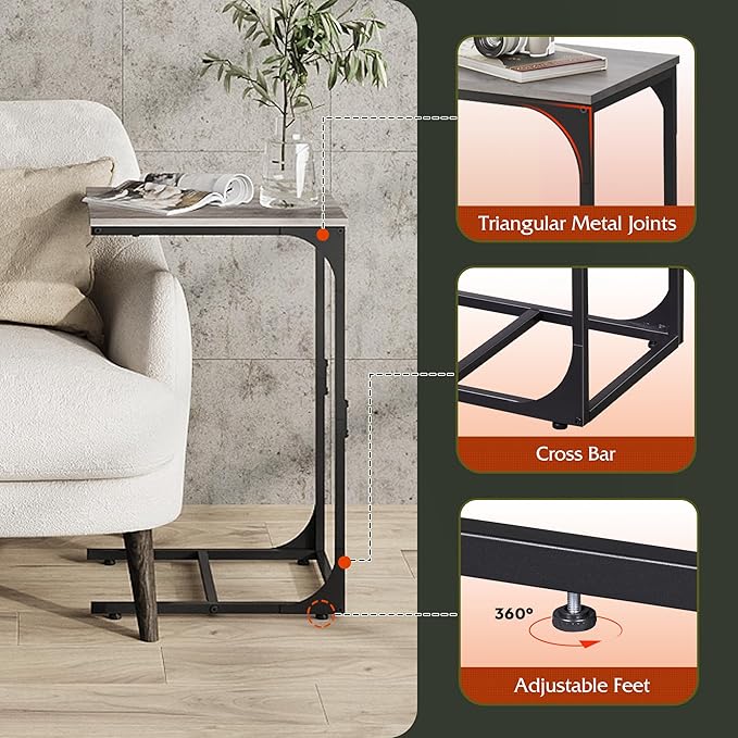 WLIVE C Shaped End Table, Small Couch Side Tables with Metal Frame, Sofa Table TV Tray for Living Room, Bedroom, Greige