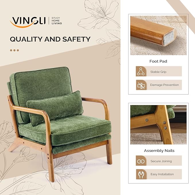 VINGLI Chenille Mid-Century Modern Accent Chair Set of 2, Cute Reading Arm Chair with Cushion & Lumbar Pillow & Solid Wood Frame for Lounge, Living Room, Reading Room, Bedroom, Olive-Green