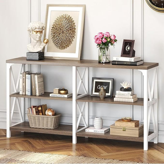 IBF Farmhouse Entryway Table, Wood TV Console Table, Long Rustic Metal Sofa Table, Industrial Hallway Table with Storage Shelves, Modern Foyer Tables for Front Entry Way, White and Rustic Oak, 55 in