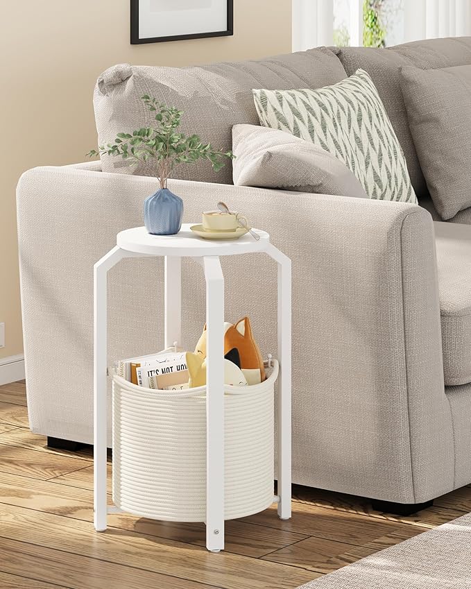 TUTOTAK Small Side Table, Round End Table, Night Stand, Bedside Table, Sofa Table with Storage Basket, Living Room, Bed Room, White TB01BW092