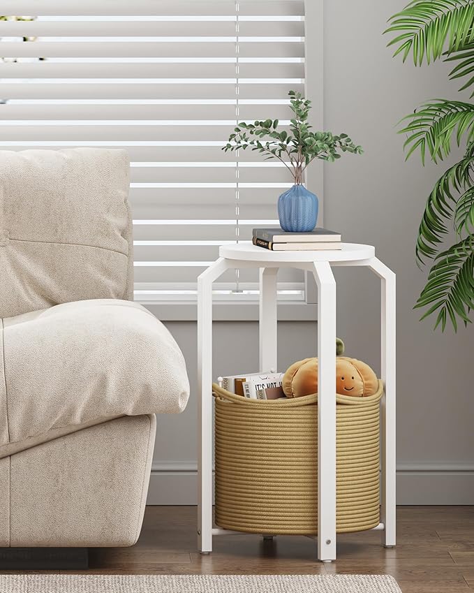 TUTOTAK Small Side Table, Round End Table, Night Stand, Bedside Table, Sofa Table with Storage Basket, Living Room, Bed Room, White and Beige TB01BWN092