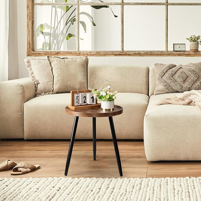 danpinera Round Side Table, Metal Legged Accent Table with Wooden Tray, Small Round End Table for Living Room, Bedroom, Nursery, Brown & Black