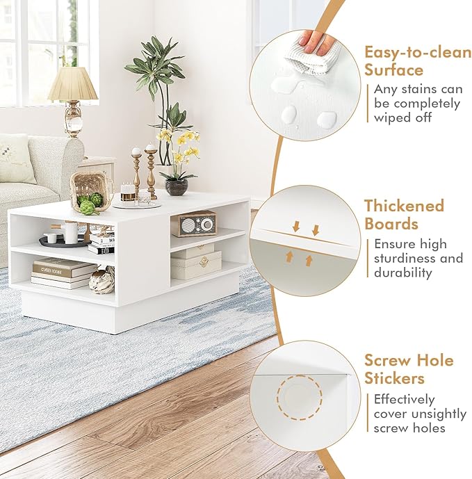 Giantex Coffee Table with Storage, 2-Tier Rectangle Accent Sofa Table with Shelf & Elevated Base, Modern Geometric Center Table for Living Room, Reception Room, Lounge, White