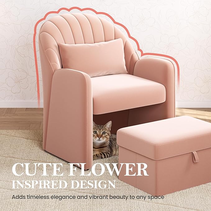 Yaheetech Small Accent Barrel Chairs for Living Room, Velvet Cute Reading Corner Chair with Storage Footrest Lumbar Pillow for Bedroom Small Space Pink/Set of 1