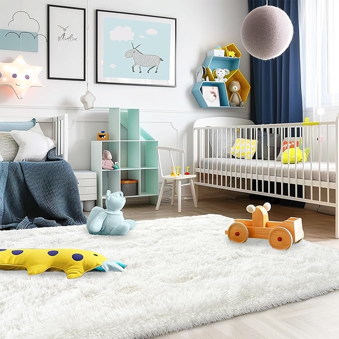 Super Fluffy Rug for Bedroom, 4x6 Shag Fuzzy Area Rug for Living Room Bedroom, Plush Soft Carpet for Girls Boys Kids, Non Slip Throw Rugs for Dorm, Modern Home Decor Aesthetic, Cream White