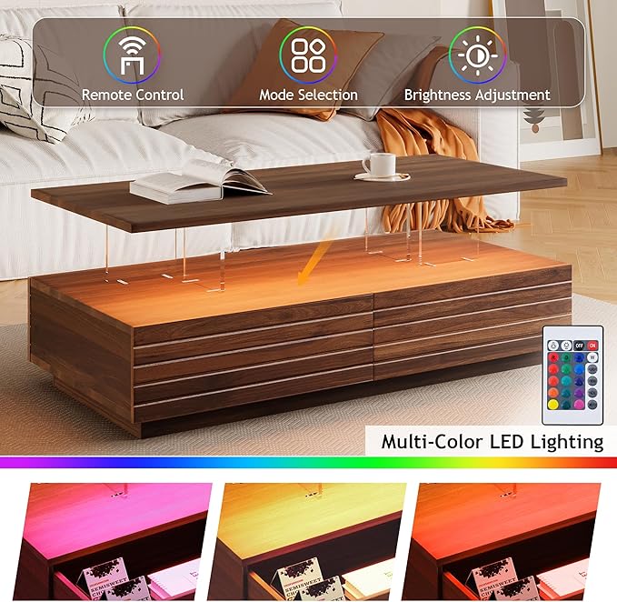 Modern Rectangular LED Coffee Table w/ 2 Storage Drawers, 2-Tier Living Room Center Table w/Adjustable Brightness Multi-Color LED Lights, Cocktail Tea Table w/Open Shelf, Walnut