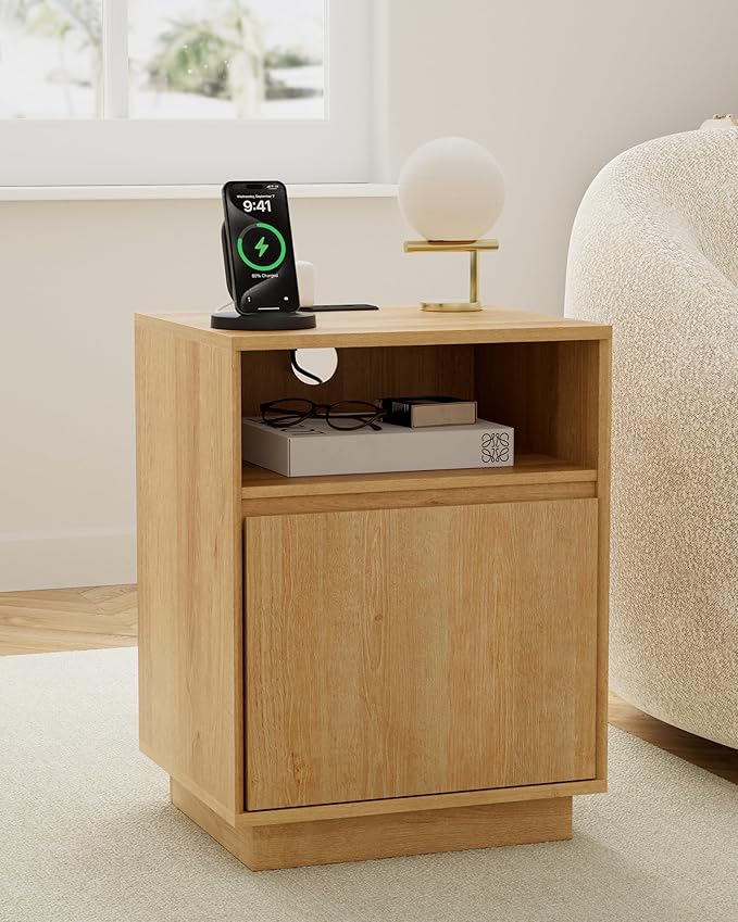 Farmhouse Nightstand with Door, Wood Storage End Table with Charging Station & Open Shelf, Bedside End Tables for Bedroom, Sofa, Natural Oak