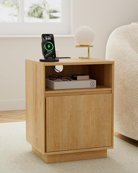 Farmhouse Nightstand with Door, Wood Storage End Table with Charging Station & Open Shelf, Bedside End Tables for Bedroom, Sofa, Natural Oak