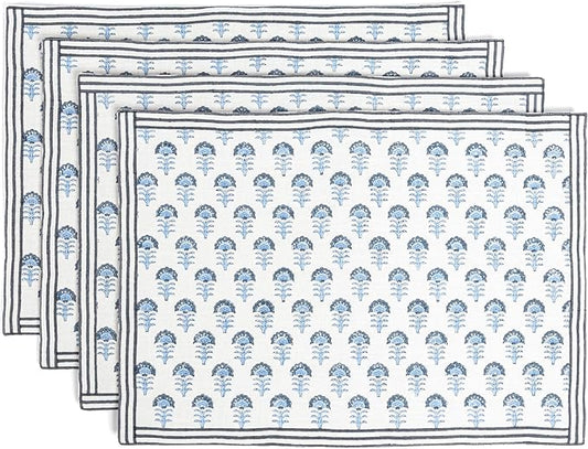 Over&Back Set of 4 Hand-Blocked Placemats - Colorful Dining Table Mat - Each Placemat is Unique - 100% Cotton - Machine Washable - Kitchen and Home Decor - Blue Flower