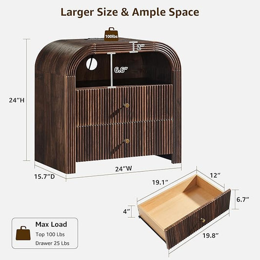 T4TREAM 24" Fluted Nightstand Set of 2, Large 2 Drawers Bedside Table with Charging Station, Modern End Table with Storage Night Stand for Bedroom, Living Room, Round Curved Corner Design, Dark Walnut