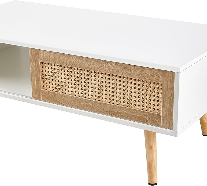 IANIYA 40.34" Boho Coffee Table, Rectangle Wooden Accent Center Tables, Living Room Table with Sliding PE Rattan & Solid Legs for Living Room, Apartment Small Space (White)