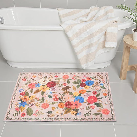 Area Rugs 24x17 Inch Home Decor Entry Rug, Small Door Mat Bath Mats for Bathroom, Ultra-Thin Non Slip Floral Low Pile Tub Mat for Sink Shower Doorway Tub Kitchen Sink(2 x 1.4 ft, Beige/Pink Lawn)