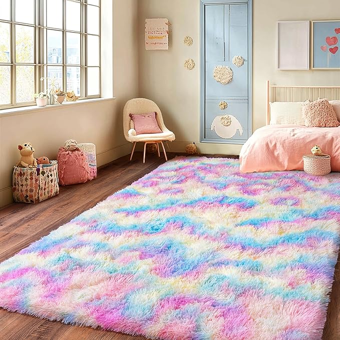 Rainbow Rug for Living Room, 6x9 Area Rug for Cute Girls Room, Bedside Indoor Floor Fluffy Shag Carpet, Plush Soft Rug for Bedroom Nursery Dorm Home Decor