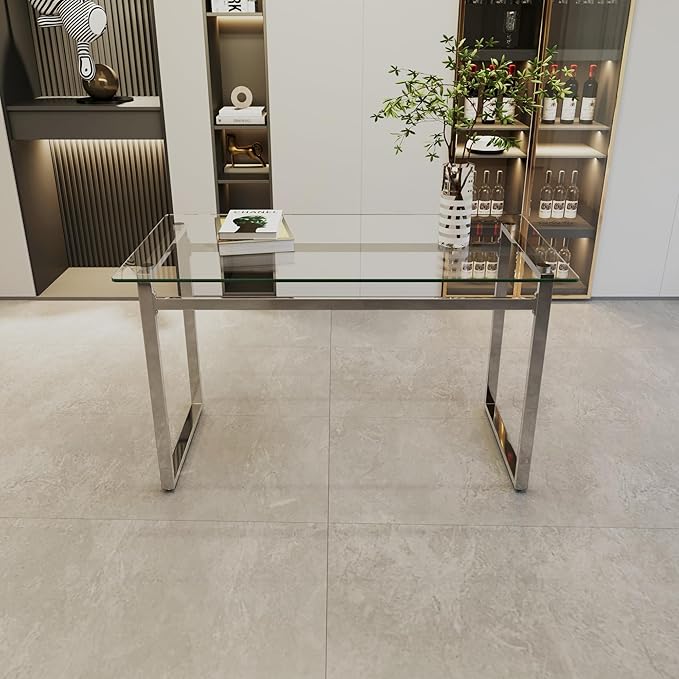 Glass Dining Table, 51'' Rectangle Dining Room Table,Modern Glass Kitchen Table with Tempered Glass Tabletop and Metal Leg,Dining Table for 4 Suitable Kitchen Dining Living Meeting Room(Silver)