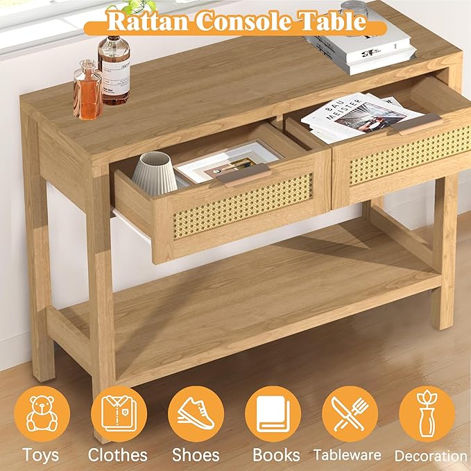 Rattan Console Table for Entryway, Boho Narrow Sofa Tables with Storage Shelf and 2 Drawers for Behind Couch Living Room, Hallway, Entrance, Natural Wood