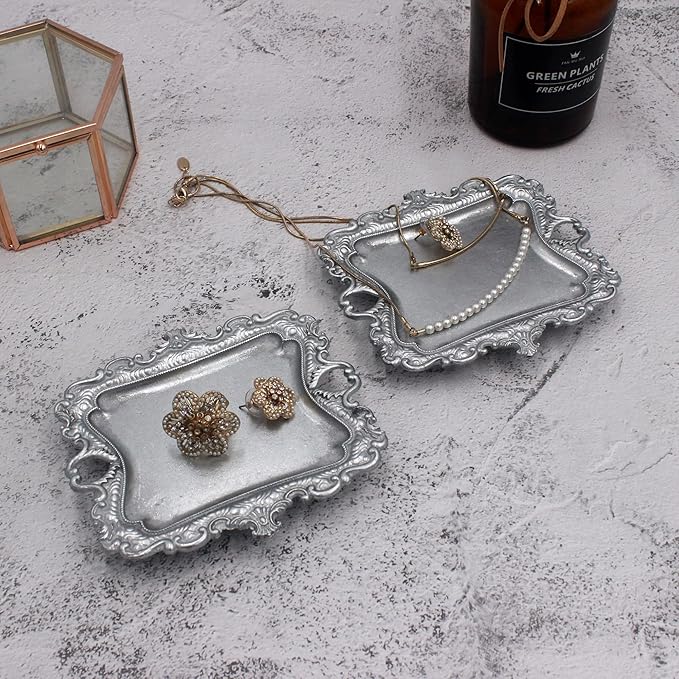 (2 Pack) Vintage Small Sliver Ring Dish, Birthday & Wedding Gifts for Women，Wedding Ring Tray - Sliver