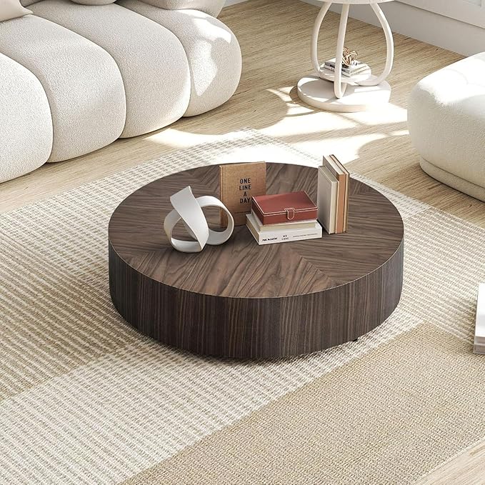 35.43" Round Coffee Table for Living Room, MDF Coffee Table Drum Center Table for Apartment, Modern Drum Circle Coffee Table Side Table End Table, No Need Assembly (Walnut, ø35.43'' x 11.42'')