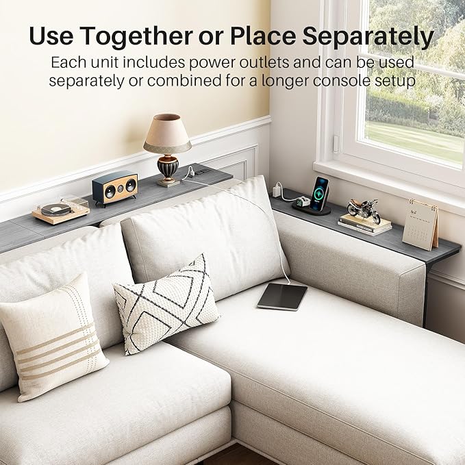 Kitstorack 2-Pack Dark Gray Console Table, 7.9" Deep Panel, Adjustable Height (25"-33") & with 2 Power Outlets, Behind Sofa Couch Table, Use Together or Separately, 79" L