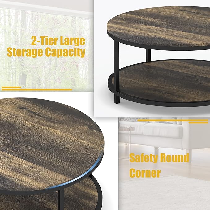 WiberWi Round Coffee Table 35.8" Rustic Vintage Industrial Design Furniture Sturdy Metal Frame Legs Sofa Table Cocktail Table with Storage Open Shelf for Living Room, Easy Assembly, Dark Brown