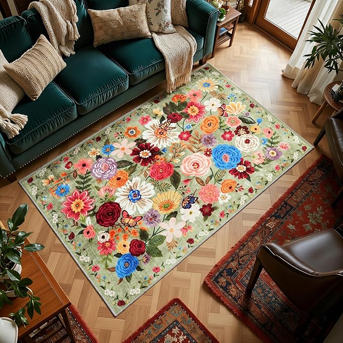 Green Living Room Rugs, Area Rugs 5x8 Rug for Bedroom Ultra-Thin Soft, Non-Slip Washable Rugs Stain Resistant Boho Rug Low-Pile Throw Rug for ‎Dining Room Office (5 x 8, Green Garden)