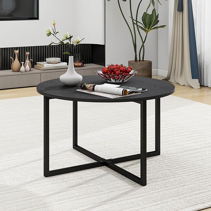 HOMERECOMMEND Round Coffee Table Nesting Tables for Living Room Tea Desk with Black Metal Legs Tea Table Balcony End Sofa Table Study,Black