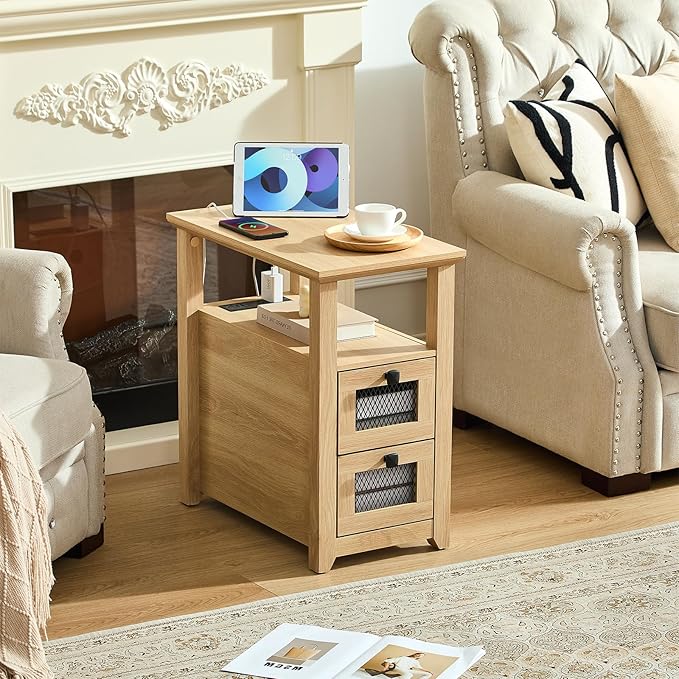 Farmhouse XXL End Table with Charging Station, Narrow Side Table with USB Ports and Outlets, Nightstand with 2 Drawers Storage, Bedside Tables for Living Room, Bedroom, Wooden Color