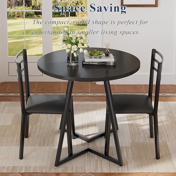 VECELO Round Dining Table Set for 2, Heavy-Duty Metal Frame & Upholstered Chair for Breakfast Nook, Kitchen, and Small Space, Matte Black