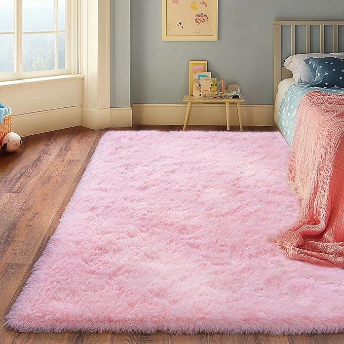 Pink Rug for Girls Bedroom, 5x7 Area Rug for Cute Girls Room, Bedside Indoor Floor Fluffy Shag Carpet, Plush Soft Rug for Living Room Nursery Dorm Home Decor