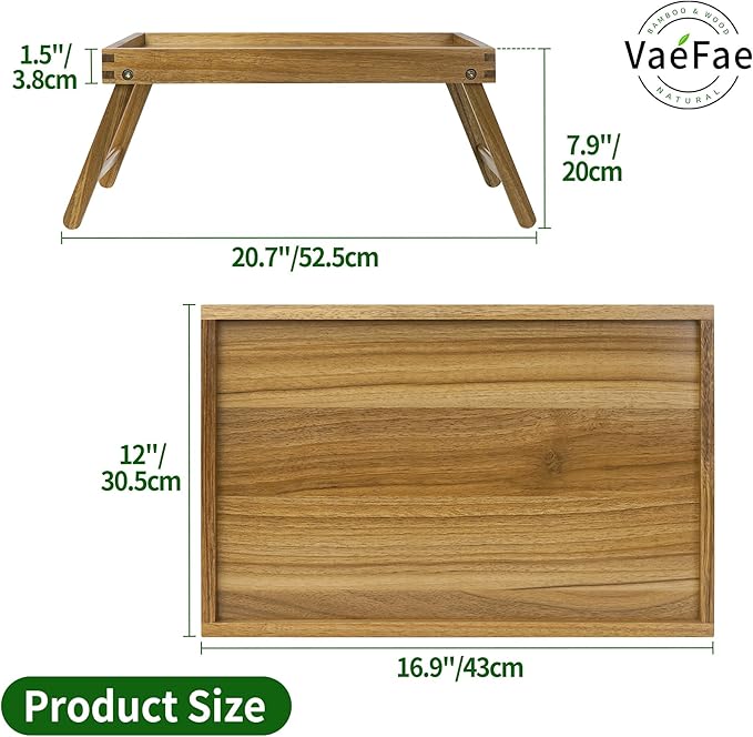 VaeFae Acacia Bed Table Tray, Wooden Breakfast Tray with Folding Legs, Bed Tray for Eating and Laptop, Eating Trays for Bedroom