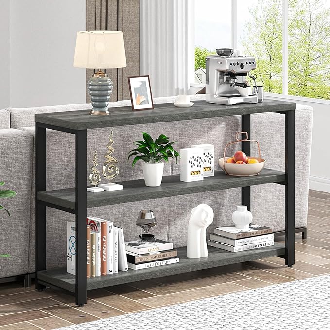 EXCEFUR Rustic Console Tables for Entryway, Sofa Table with 3 Tier Storage Shelves, Couch Table for Living Room Hallway, Industrial Grey