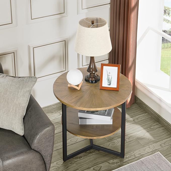 Round End Table with Storage Shelf, 25in Circel Accent Side Table with Metal Legs, 2-Tier Industrial Sofa Side Table for Living Room Bedroom, Yellowish Brown