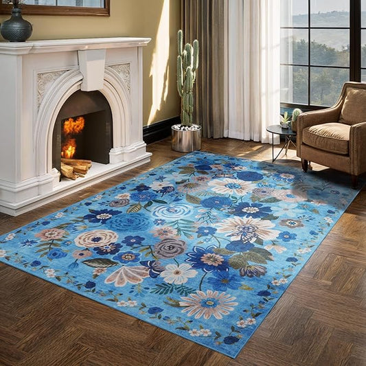 Floral Washable 6x9 Area Rugs, Soft Bedroom Rug for Living Room Ultra-Thin Non Slip Dining Room Rug, Stain Resistant Rugs Easy Clean Throw Carpet for Office(6 x 9, Blue Garden)