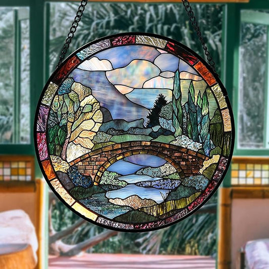 Stained Glass Window Hanging, Blue Landscape Arch Bridge Sun Catcher for Door Home Decor Suncatcher Christmas Mother's Day Birthday Gifts for Women Men Mom and Nana 9.8 in