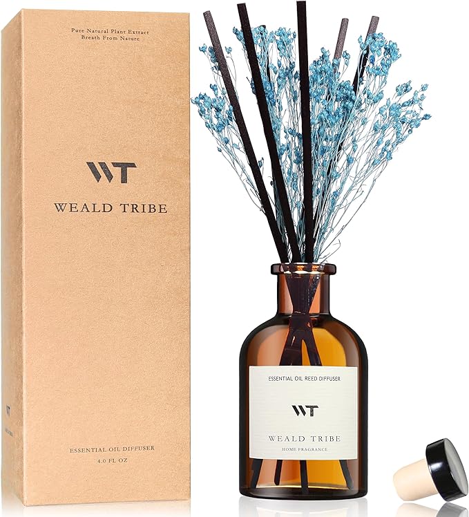 WEALD TRIBE Flower Reed Diffuser Set Cashmere Vanilla Scent for Bathroom Air Fresheners | 4.0 fl oz Essential Oils with Sticks Home Fragrance Defusers | House Bedroom Office Shelf Decor & Gift