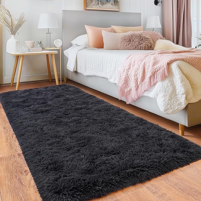 Runner Rugs for Bedroom, 2x6 Fluffy Throw Area Rug Non Slip for Bedside Dorm Hallways, Long Soft Shag Carpet for Nursery Living Room, Charcoal Gray