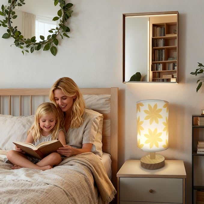 9.8" Flower-Patterned Small Table Lamp | Inline Control & 3 Brightness Levels | Yellow Shade Bedside Lamp for Bedroom,Living Room,Study,Dorm,Home Office,Baby Room & Kitchen