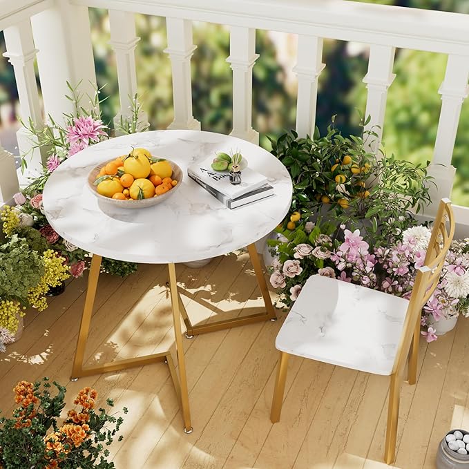 VECELO Small Round Dining Table Set for 2, Wood Tabletop with Strong Metal Frame, Modern Dinette with Chairs for Kitchen, Breakfast Nook Living Room, White & Gold