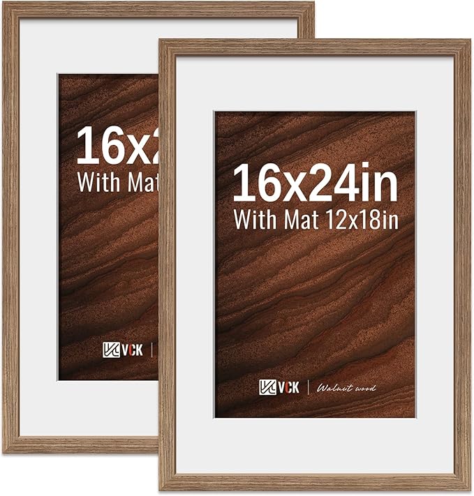 VCK 16x24 Poster Frame 2 Pack - Walnut, High-End Wood Picture Frames with Polished Plexiglass, Display 12x18 Photo with Mat or 16x24 without Mat, Art Gallery-Quality, Wall Hanging, Walnut
