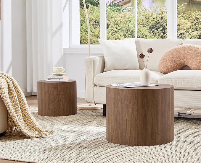 EALSON Nesting Coffee Tables Set of 2 Farmhouse Small Round End Tables Modern Wood Circle Side Table Drum Table for Living Room Small Spaces Bedroom Balcony, No Assembly, Walnut