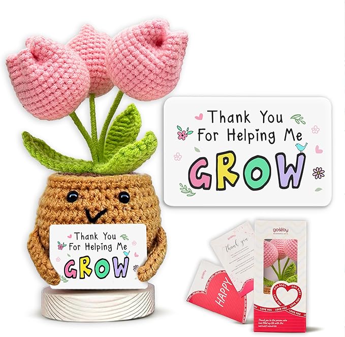 Gossby Handmade Positive Tulip Flower Crochet - Thank You for Helping Me Grow - Teacher Appreciation Gift - Thank You, Birthday, Graduation, Last Day of School Gift for Teacher from Student