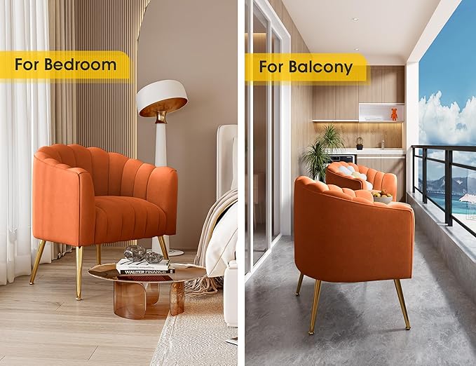 Oversized Pumpkin Couch Accent Chair, Modern Comfy Velvet Upholstered Barrel Chairs, Luxury Single Sofa Armchair for Living Room, Waiting Room, Office and Vanity, (Orange)