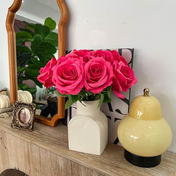 Felice Arts 12 Pack Hot Pink Roses Artificial Flowers with Stems Silk Fuschia Rose Bouquet for Wedding Bridal Bouquet Vase Table Centerpiece DIY Cake Valentines Decoration Decor