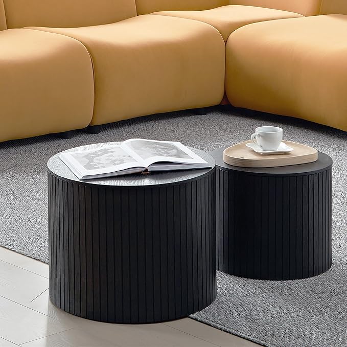 19.17" Nesting Coffee Table with Storage, Wooden Coffee Tables Set of 2, Circle Side Table for Small Spaces, Accent End Table for Living Room, Apartment, Office, Dorm.(Black)