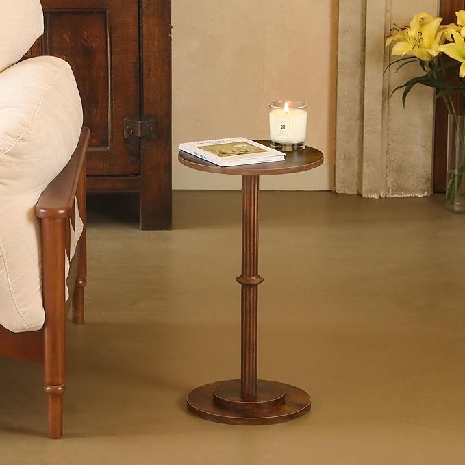 MaxSmeo Drink Table, Small Side Table for Small Spaces, Modern Round End Table with Fluted Wood Leg, Rustic Brown