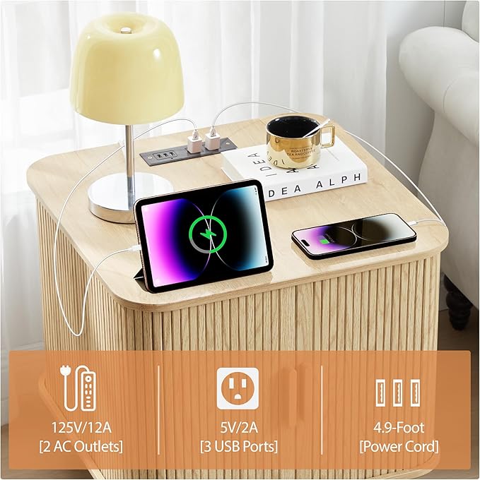 Farmhouse Square End Table with Charging Station, 24" Large Fluted Sofa Side Table with Sliding Tambour Door and Storage, Rustic Curved Wood Nightstand for Living Room, Bedroom, Natural