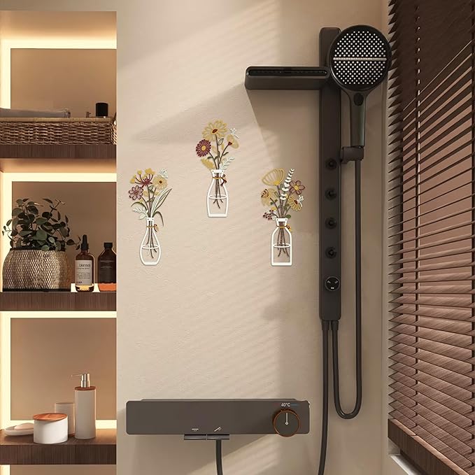 Iron Metal Vase Flower Wall Art Set of 3 - Minimalist Black Floral Decor for Living Room Bedroom Kitchen, Office Garden - Modern Farmhouse Home Decor & Housewarming Gifts (Yellow-Brown)