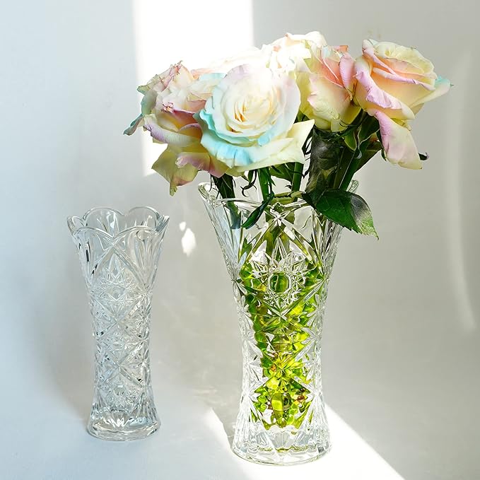 kanpura Clear Crystal Vase, Glass Flower Vase Thickening Design Suitable for Home Christmas Centerpieces Decor, Mothers Gift,9.2'' Tall(1 Piece)